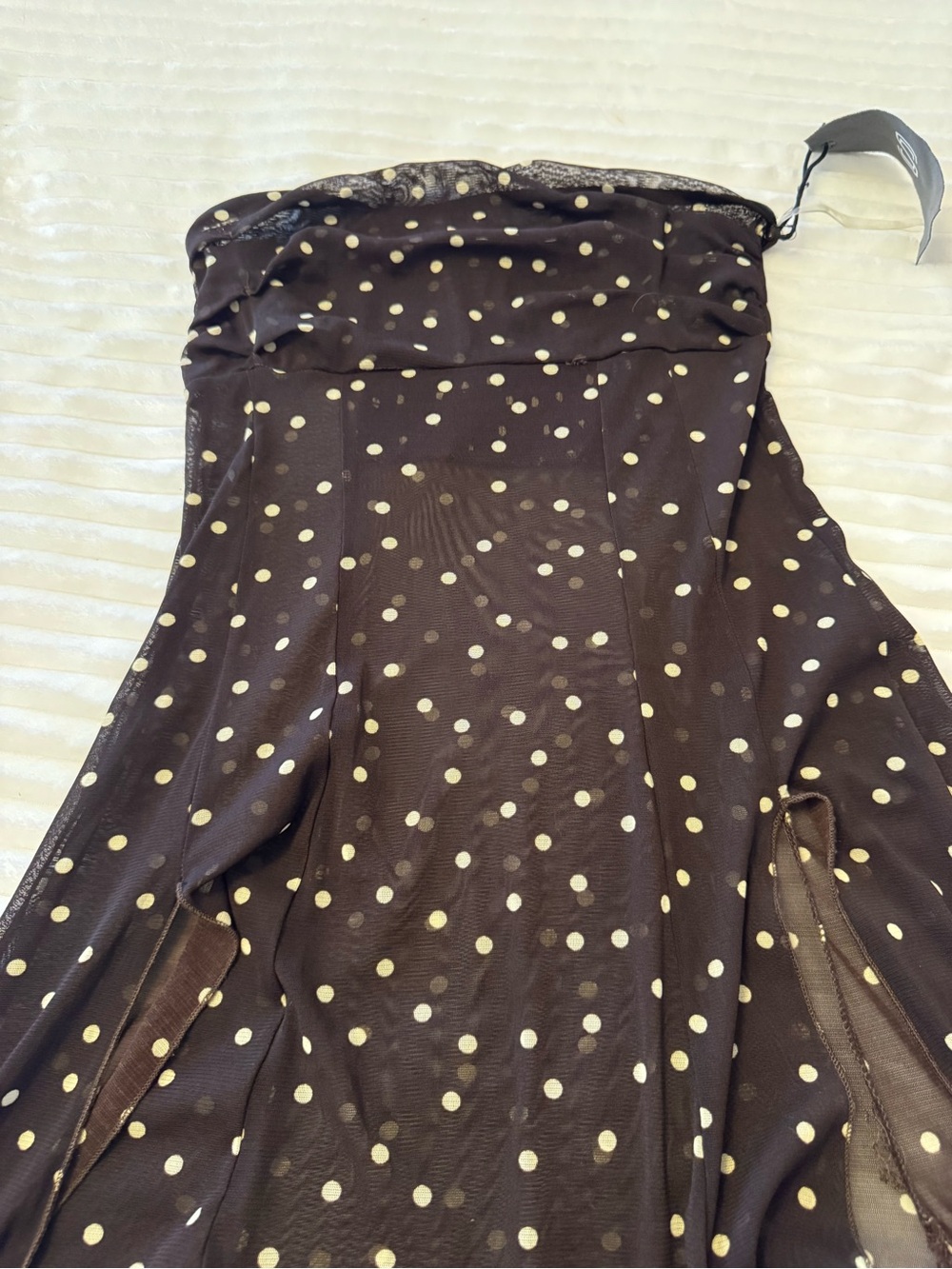 NWT Sans Souci Strapless Sheer Polka Dot Mesh Maxi Dress Brown Asymmetrical
